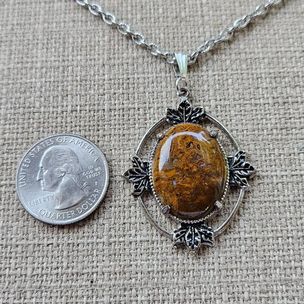 Vintage Pendant Women Necklace Brown Stone Silver Tone Chain Fashion Jewelry - Picture 11 of 12